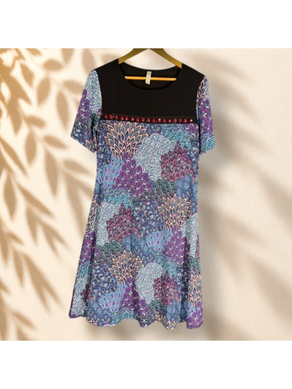 PerSeption Dress Women L Large Blue Floral Shift Midi Short Sleeve Casual